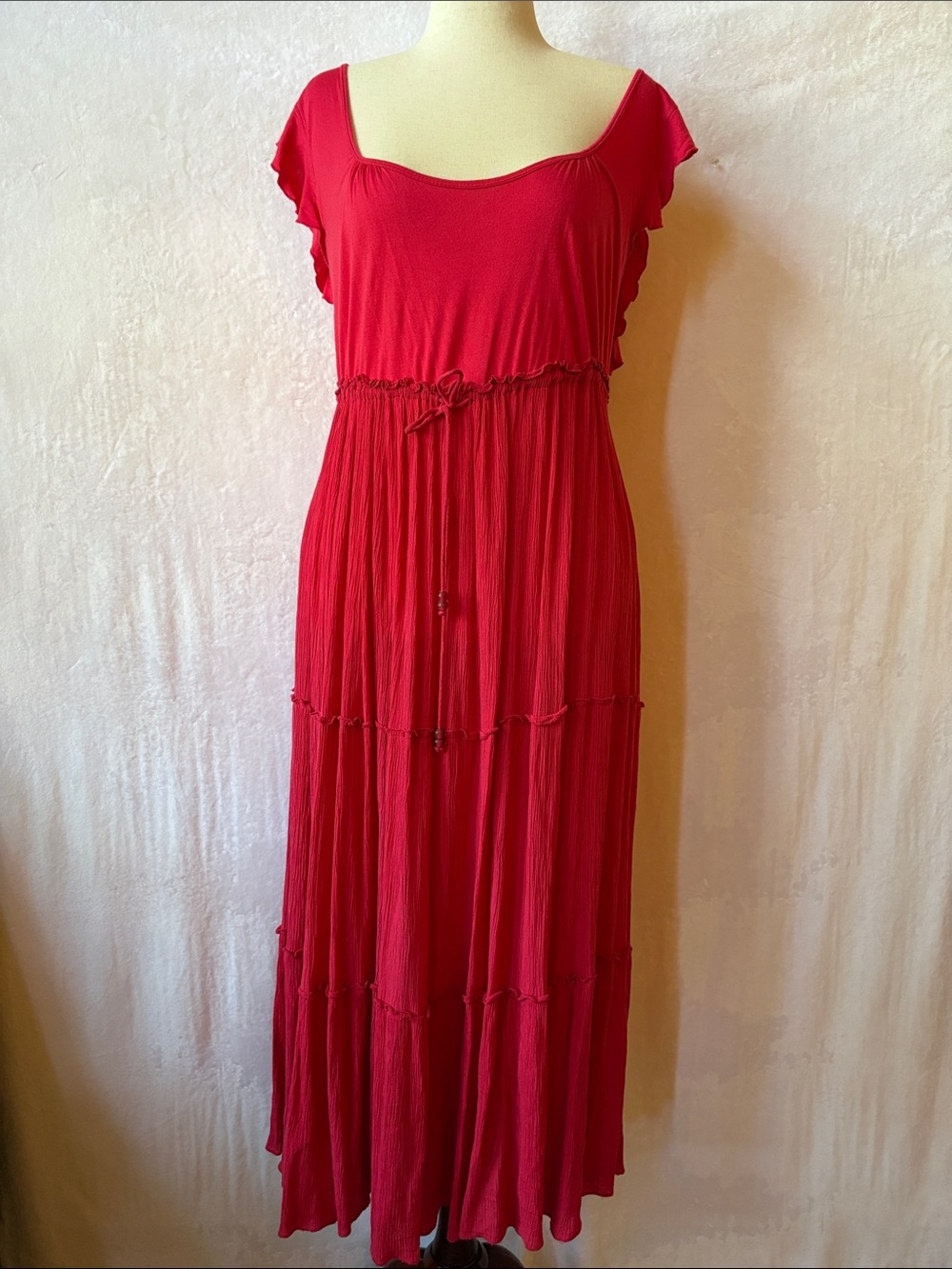 Forbidden Rosy Tones Red Tiered Maxi Dress with Drawstring Waist XL